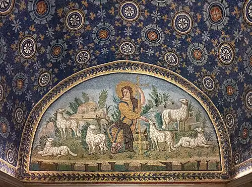 Christ as the Good Shepherd; c. 425–430; mosaic; width: c. 3 m; Mausoleum of Galla Placidia (Ravenna, Italy)[122]