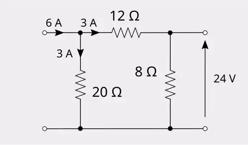The previous attenuator showing port 1 current splitting to 3 A in each branch
