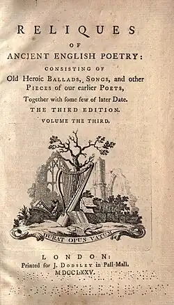 title page of Percy's Reliques of Ancient Poetry