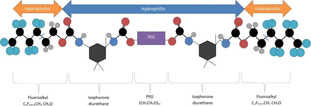 Structure of Rf-Polymer used in hydrogel encapsulation of quantum dots. The figure indicates the hydrophobic and hydrophilic regions of the polymer.