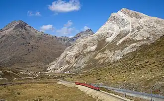 An RhB Regio train to Tirano between Lagalb and Ospizio Bernina