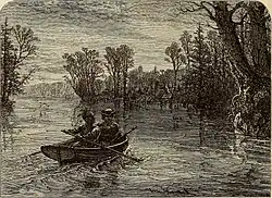 Two figures rowing a boat