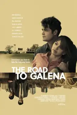 Poster for The Road to Galena, featuring a couple in an embrace, with a rural landscape in the background. Below, an inverted image shows a man walking in a cityscape. The tagline reads, "Sometimes you have to take the long way home."