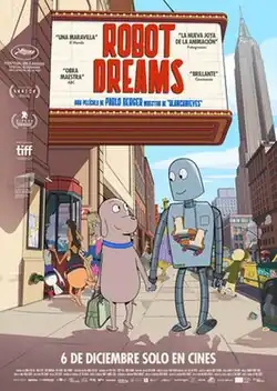 In a bustling street in New York City (with the Empire State Building shown in the background), A dog holding a bag holds hands with a robot who is seen holding roller skates on its neck. A movie theatre is seen from behind presenting the film's titles on the marquee with other animals entering the theatre and others going about their lives.