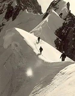 Alternating cornices on the Rochefort-Crest in the Mont Blanc area in the Alps—always overhanging above the steeper face of the crest