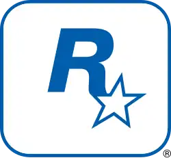 A capital "R" in blue with a five-pointed, white star with a blue outline appended to its lower-right end. They lay on a white square with a blue outline and rounded corners.