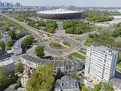 Aerial view of the roundabout and surroundings from the southeast, with Stadion Narodowy in the background
