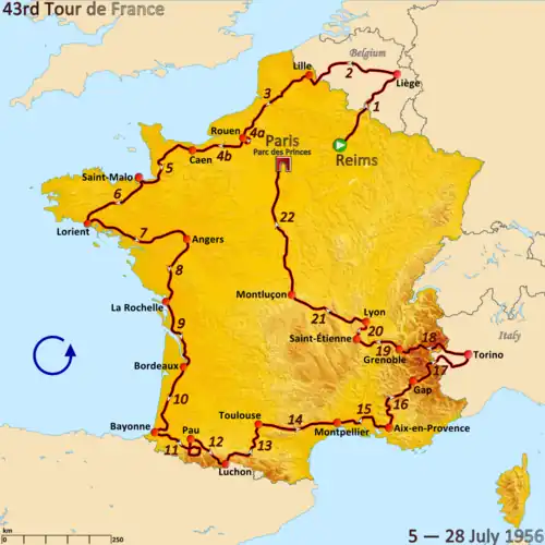 Route of the 1956 Tour de France followed counterclockwise, starting in Reims and finishing in Paris