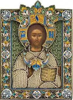 A miniature Russian icon of Christ Pantocrator, richly decorated with pearls and enamel, c. 1899–1908