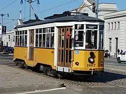 An ex-Milan Peter Witt car Class 1500 operating on the Embarcadero in San Francisco