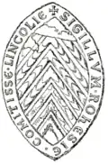 Seal of Rohese (Rohesia) de Clare, wife of Gilbert de Gant, Earl of Lincoln. Probably engraved in 1156.[Ni 5] Drawing published in 1846.[16]