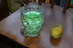Buko pandan, a dessert beverage from the Philippines made with flavored cubes of jellylike gulaman, made from agar or carrageenan