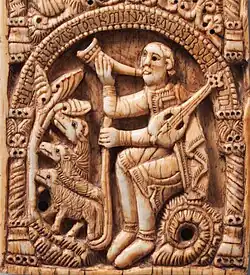1060-1080 A.D., Spain. Saint Aemilian of Cogolla herding sheep with cowhown and 3-stringed lute. Lute has similar shape to pandura. Peghead resembles pegheads on cythara in Utrecht Psalter.