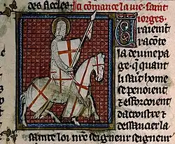 George as a knight, miniature from a ms. of Vies de Saints, c. 1290–1310 (Bibliothèque Sainte-Geneviève, Manuscrit 588)