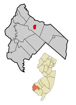 Woodstown highlighted in Salem County. Inset map: Salem County highlighted in the State of New Jersey.