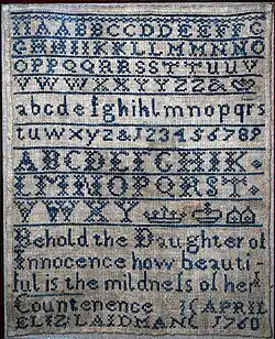 Cross-stitch alphabet sampler worked by Elizabeth Laidman, 1760