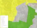 Sams Creek and land zones: yellow is Kahurangi National Park, grey is Sams Creek conservation area, green is North-west Nelson Forest Park, uncoloured is private land; purple line is Sams Creek and blue line is Sams Creek Middle Branch