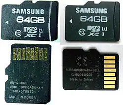 Genuine Samsung microSD (left) and counterfeit (right). The counterfeit claims to have 64 GB of capacity, but when trying to write more than 8 GB, data loss occurs.
