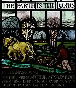 Detail from S.Matthew window in S.Margaret, Leiston, Suffolk, showing the Minsmere marshes and ruined chapel