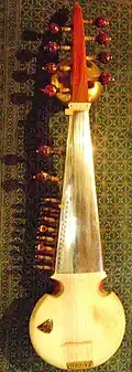 A many-stringed musical instrument, with eight red pegs at one end holding strings, and a long fingerboard that as it widens has further pegs along one edge, holding more strings. The fingerboard ends at a round, covered gourd, with the strings attached at the edge.