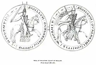 Double-sided seal of Waleran de Beaumont, 1st Earl of Worcester, otherwise Waleran de Meulan. Proven use in 1139/1140.[Ni 5] Drawing published in 1894.[17]