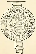 Seal of Baldwin de Redvers, 1st Earl of Devon. Proven use in 1143/1144.[Ni 5] Drawing published in 1874.[15]