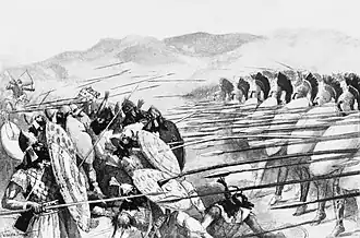 Black and white sketch of the front lines of two armies about to engage each other with their shields and spears