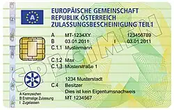 European vehicle registration certificate, (Austrian version pictured)