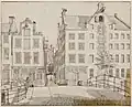 Nieuwezijds Achterburgwal, 147–151, with entrance to Huiszittensteeg. c. 1770. Gerrit Lamberts
