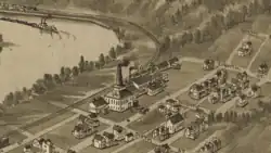 a drawing of a glass works near a waterway and railroad line