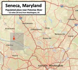 Highway map near Washington, DC, showing Seneca northwest of DC near Potomac River
