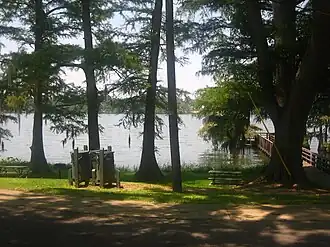 A shaded area next to a small pier