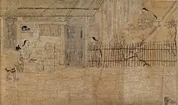 Painting. view of a rural house. A nun sits on the doorstep chatting with a woman seated inside.