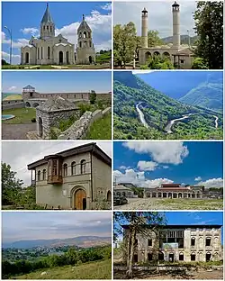 Landmarks of Shusha, from top left: Ghazanchetsots Cathedral • Yukhari Govhar Agha Mosque Shusha fortress • Shusha mountains House of Mehmandarovs • City center Shusha skyline • House of Khurshidbanu Natavan