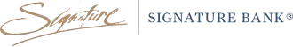 The stylized lettering "Signature" in a flowing script with gold underline, next to a dividing line and the words "Signature Bank®", all caps, in a serif in blue.