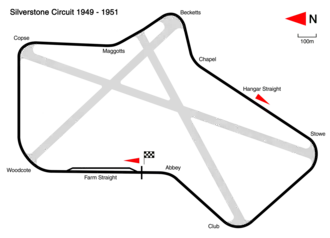 1949 to 1951: The circuit was now run on the airfield perimeter roads. Track length: 4.649 km. Lap record: José Froilán González, Ferrari, 1:43.4 (1951 British Grand Prix).