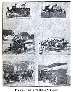 Sintz vehicles shown in Horseless Vehicles, Automobile, Motor Cycles by Gardner Dexter Hiscox, 1901