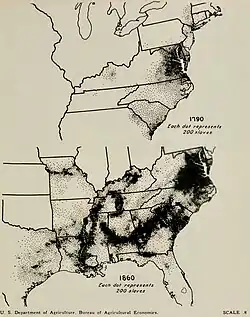 Two maps of slave populations in the United States, showing a mainly mid-Atlantic population in 1790, with a much larger population in the Deep South in 1860