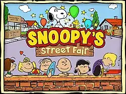 Official cover art, showing (reverse clockwise from top) Snoopy, Peppermint Patty, Sally Brown, Linus van Pelt, Charlie Brown, Lucy van Pelt, Schroeder, and Woodstock in front of a street fair