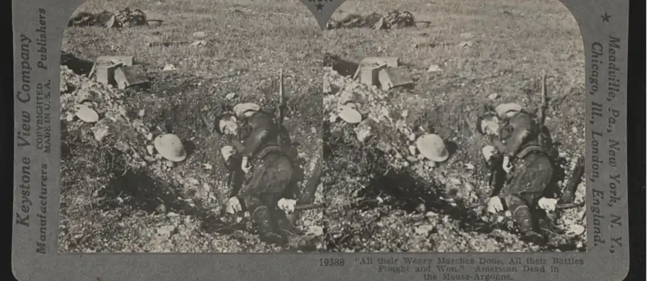Soldiers lying dead where they fell on the field, Battle of the Argonne, France, 1918