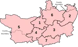 Numbered map of the parliamentary constituencies of Somerset created by the 2023 boundary review and first used at the 2024 UK general election.