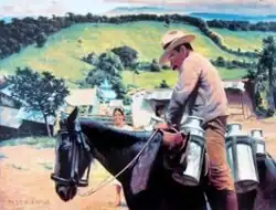 A painting of a man on horseback carrying milk containers, with a woman looking at him and smiling