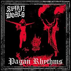 A black and red graphic of a nude woman and pagan cleric in front of a fire