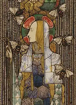 Detail from Clarke's preparatory Gobnait modello, 1914. Pencil, pen, inks and watercolor on board. Corning Museum of Glass, New York.[114]