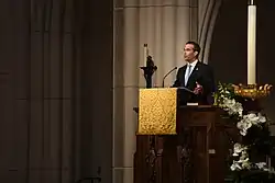 Grandson George P. Bush speaks during the church service in Houston on December 6, 2018