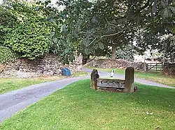 A small village green bounded by two roads, with a set of stocks on the grass
