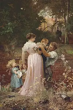 Painting of parents outdoors with two young children, with an older woman in black in the background