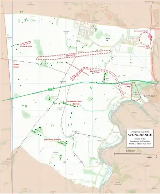 Map showing Woodhenge and Durrington Walls within the Stonehenge section of the Stonehenge and Avebury World Heritage Site