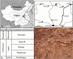 Map of China with a closeup of Luanchuan, a stratigraphic chart and a photo of brownish rock deposits