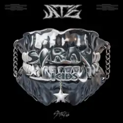 A metalic dental model decorated with "STRAY KIDS"-shaped grillz with the EP title "ATE" on the top of cover